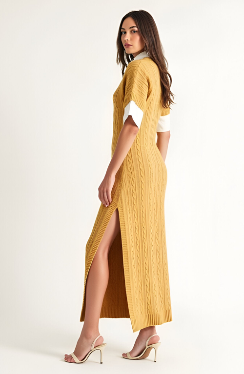 Modenaire Cable-knit Maxi Dress With Side Slit In Yellow