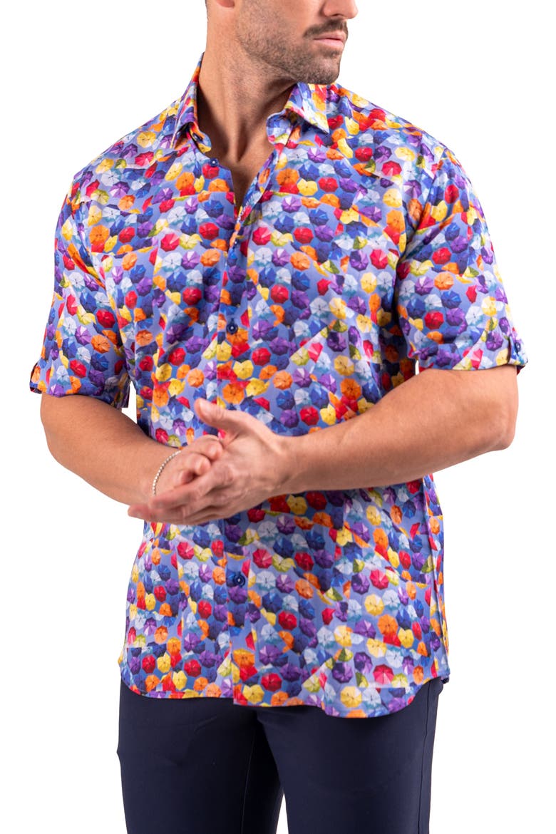 Galileo Resistance Umbrella Print Short Sleeve Button-Up Shirt, Alternate, color, BLUE