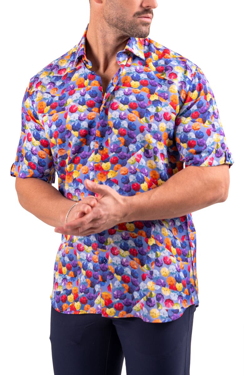 Maceoo Galileo Resistance Umbrella Print Short Sleeve Button-Up Shirt, Alternate, color, Blue