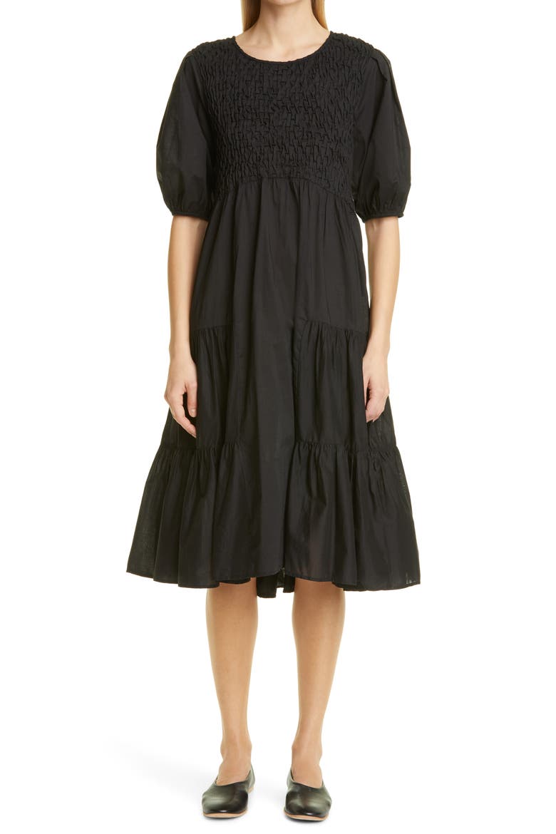 Vallarta Smocked Cotton Tiered Dress, Main, color, BLACK