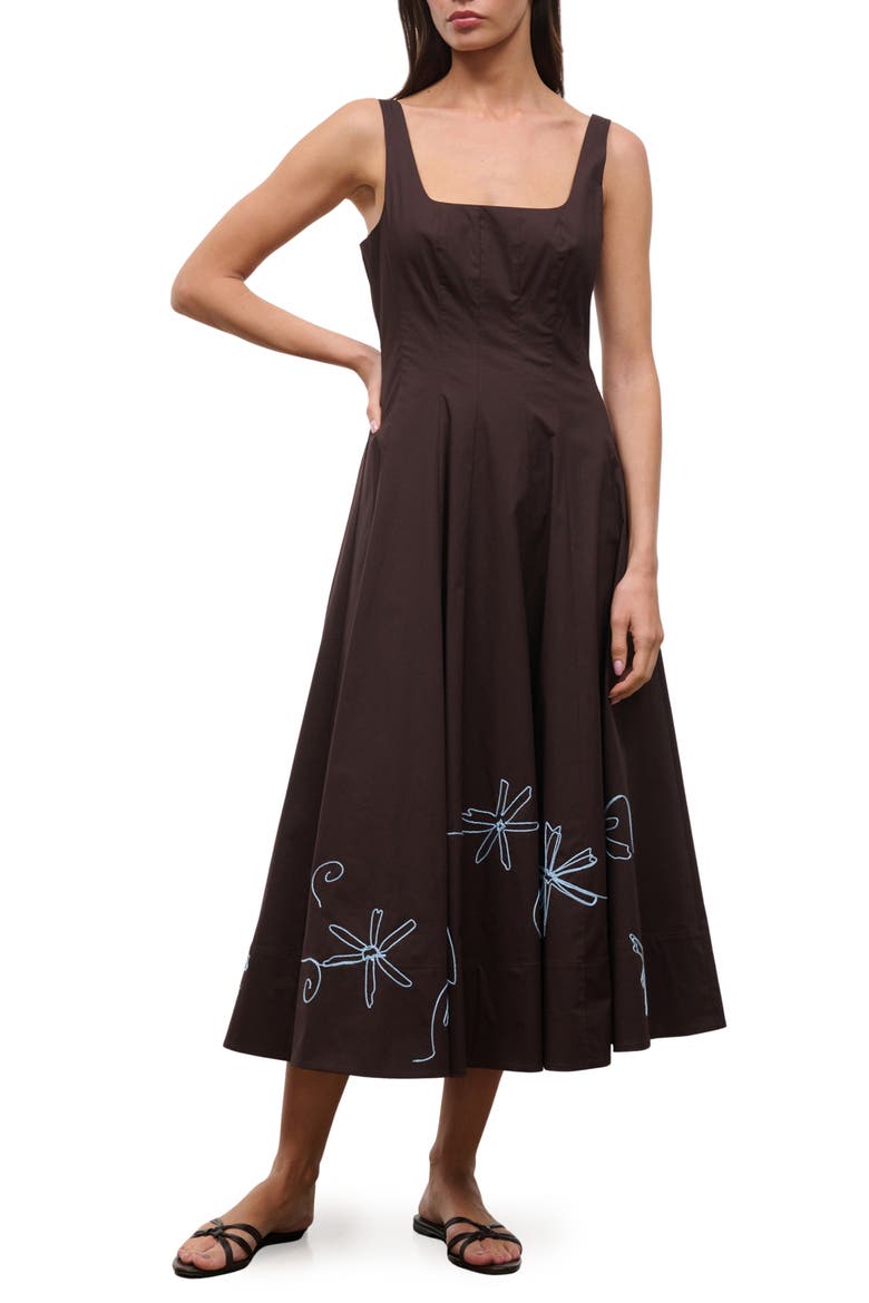 Wells Floral Stitch A-Line Midi Dress, Main, color, EARTH/ CLARITY EMBROIDERY