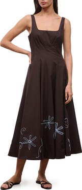 STAUD Wells Floral Stitch A-Line Midi Dress