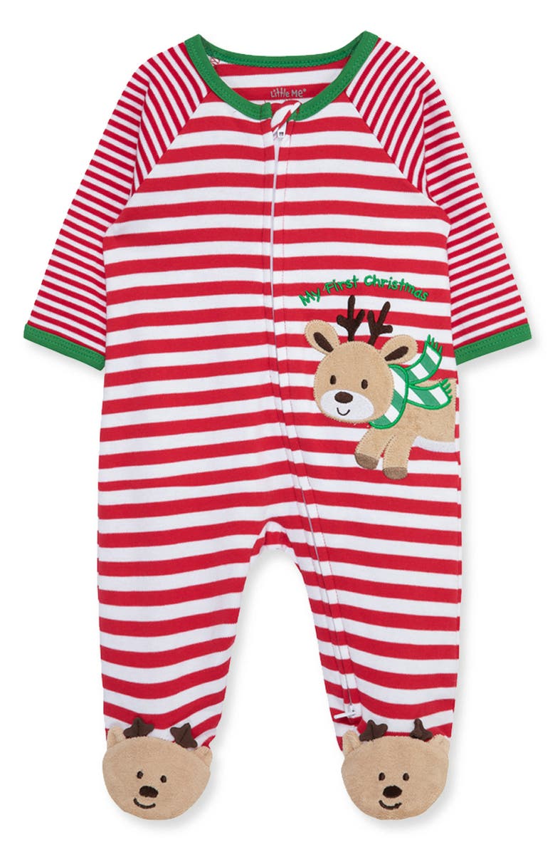 Little Me Reindeer Stripe Holiday Footie, Main, color, Red