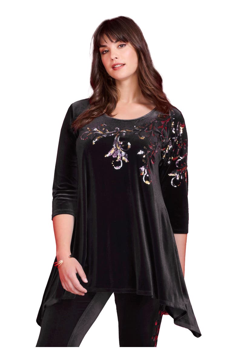 Velour Hanky Hem Tunic., Main, color, BLACK EMBELLISHED SEQUIN