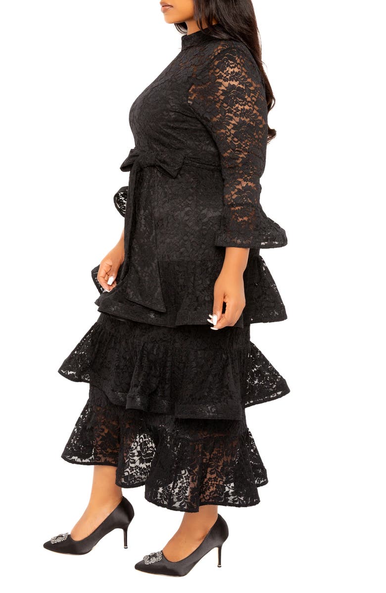 BUXOM COUTURE Tiered Lace Long Sleeve Maxi Dress, Alternate, color, Black