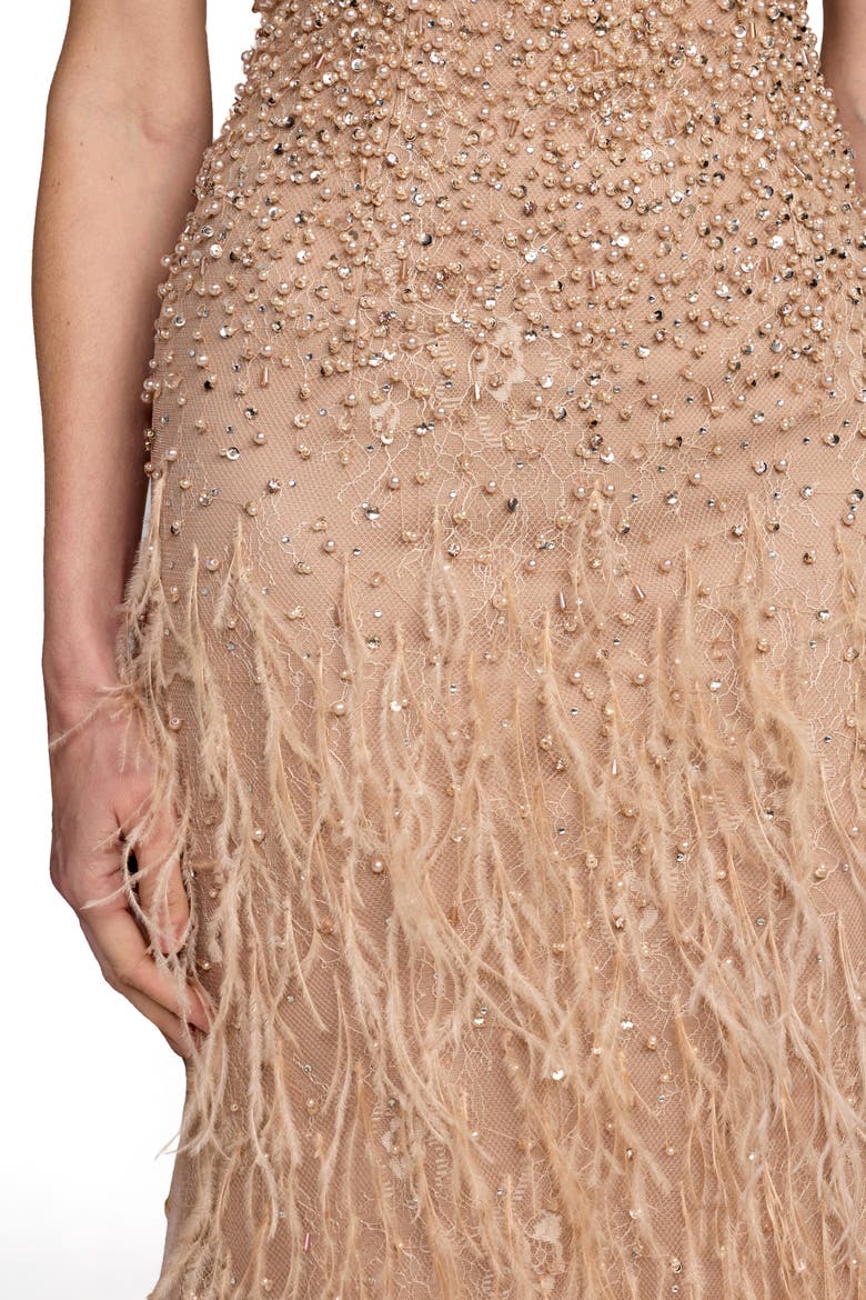 Embellished Lace Sleeveless Feather Gown, Alternate, color, Porcelain