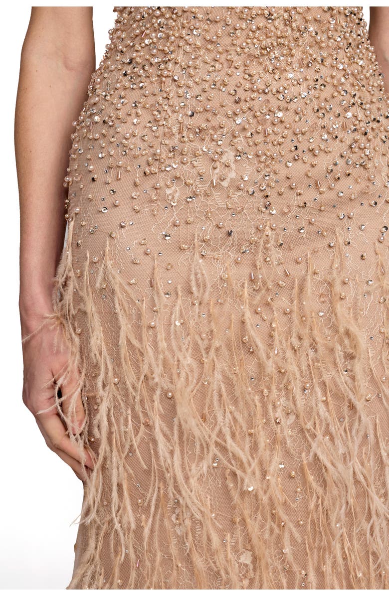 Mac Duggal Embellished Lace Sleeveless Feather Gown, Alternate, color, Porcelain