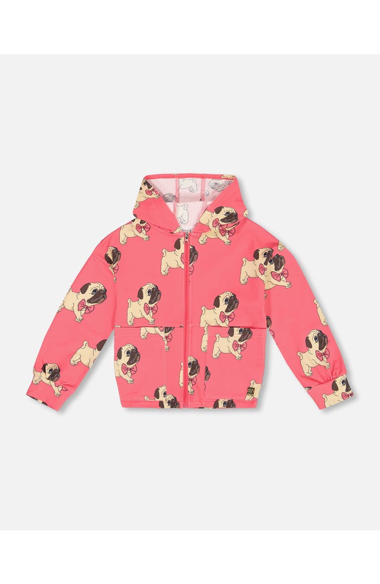 Deux par Deux Girl's Fleece Hooded Cardigan Magenta Printed Pug, Main, color, 