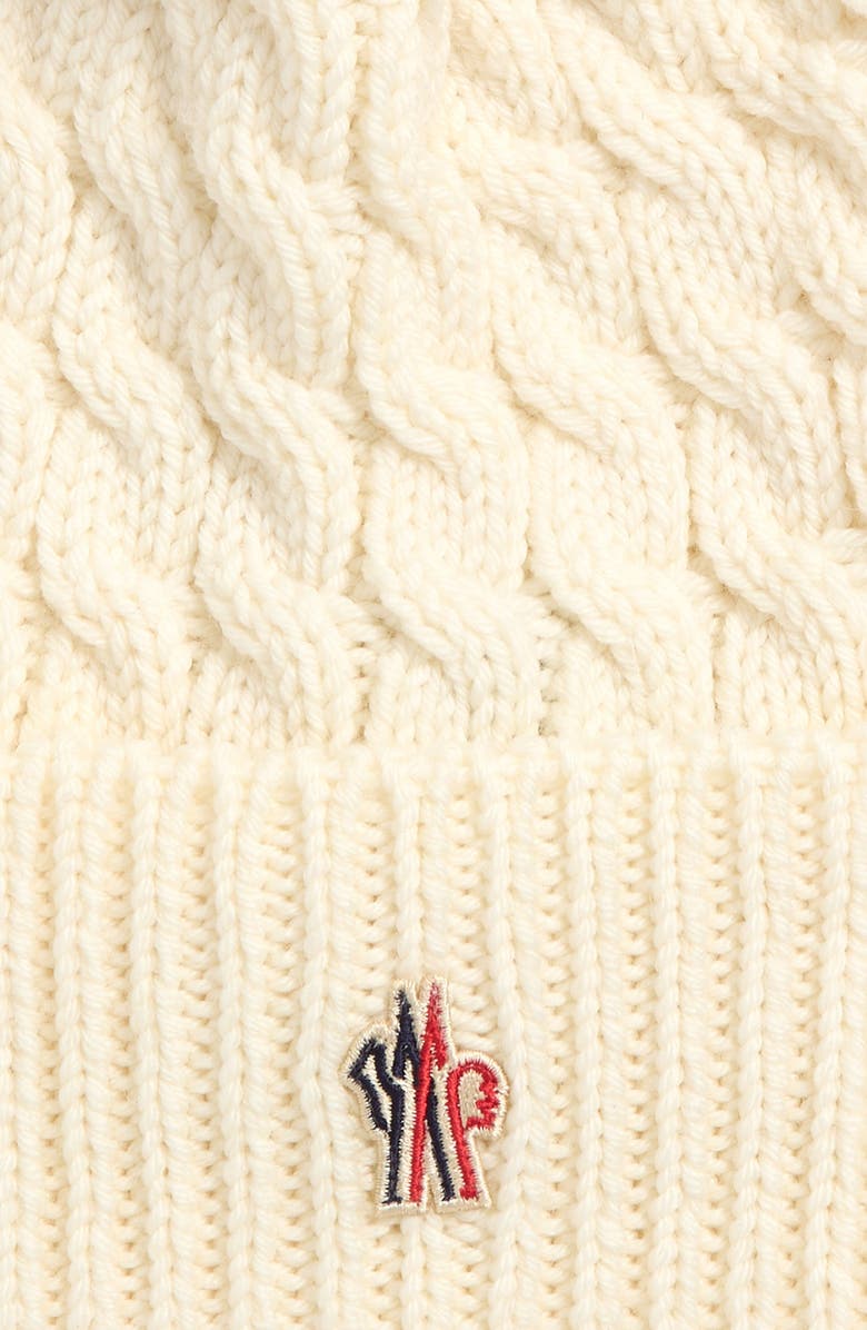Moncler Après Ski Cable Knit Virgin Wool Beanie with Faux Fur Pompom, Alternate, color, Off White
