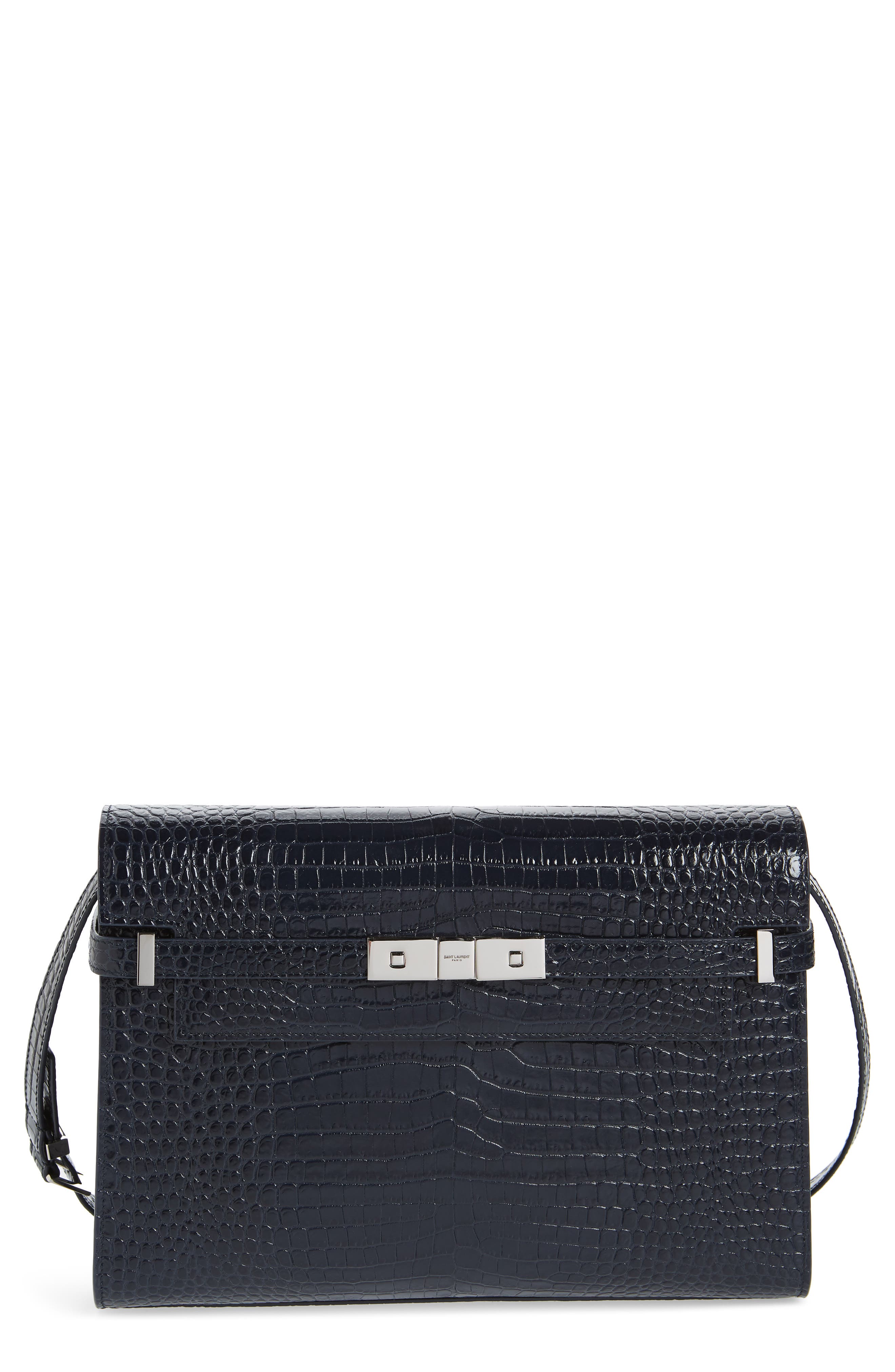 Saint Laurent Manhattan Croc Embossed Calfskin Satchel, Main, color, 