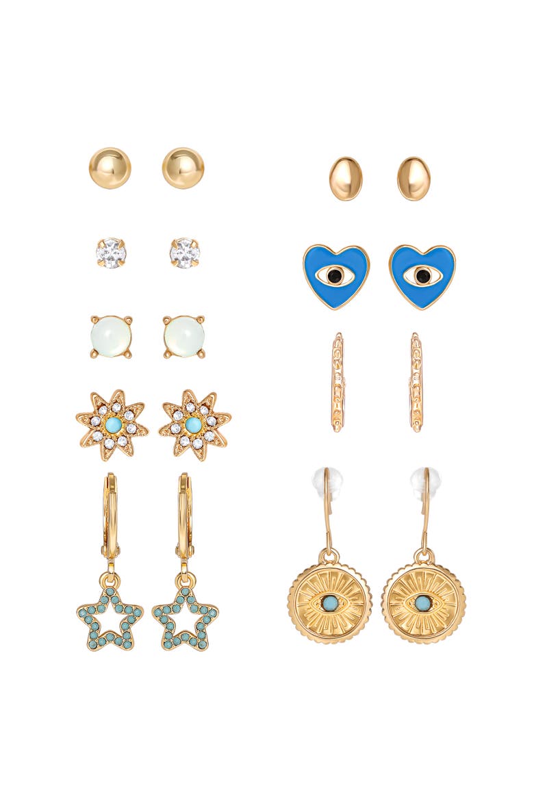Gold-Tone Evil-Eye, Heart & Star Stud & Hoop Earring Set, 9 Pairs, Main, color, Gold tone