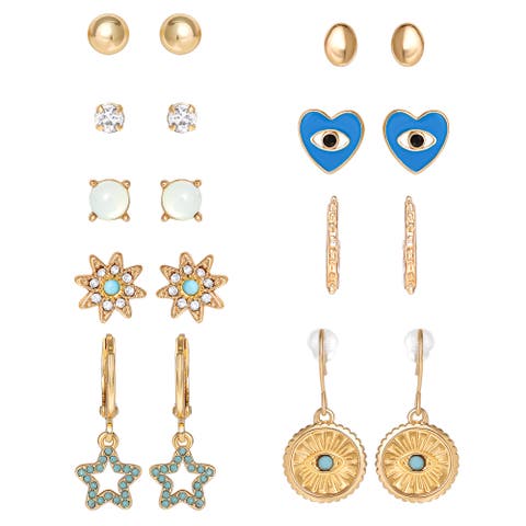 Gold-Tone Evil-Eye, Heart & Star Stud & Hoop Earring Set, 9 Pairs