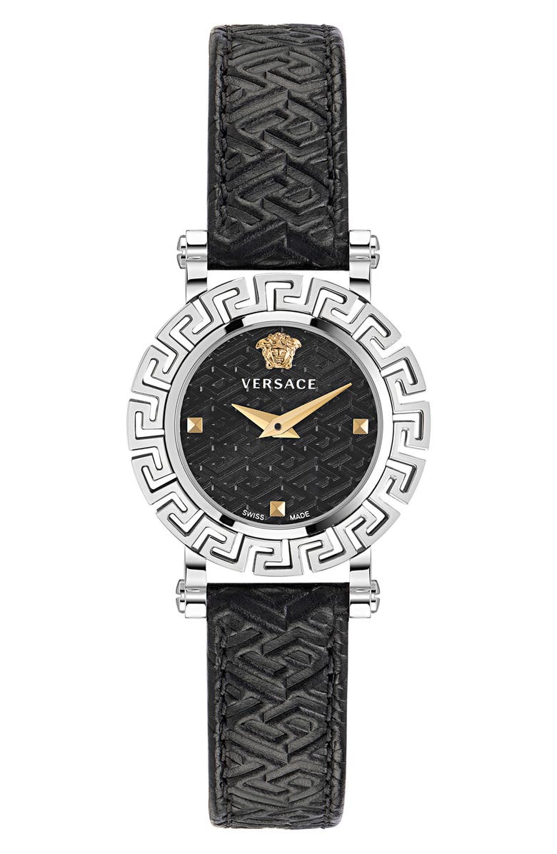 Versace Greca Glam Leather Strap Watch, 30mm, Main, color, 