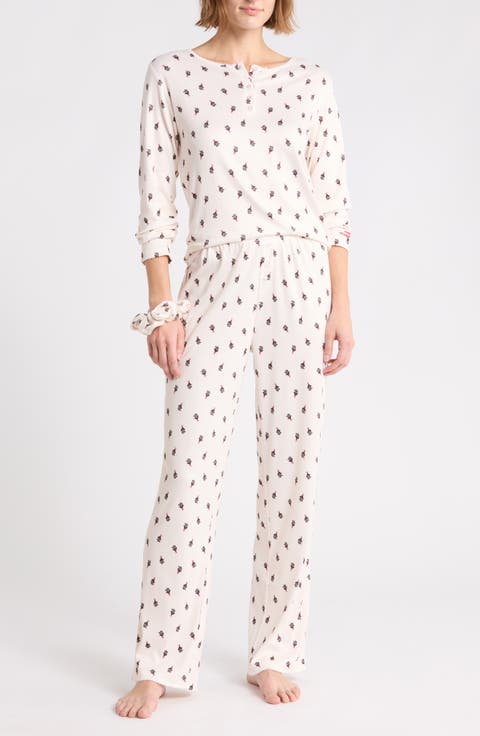 Print Henley Top & Pants Pajama Set