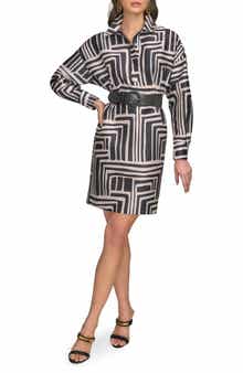 Donna Karan New York Abstract Print Long Sleeve Belted Shirtdress
