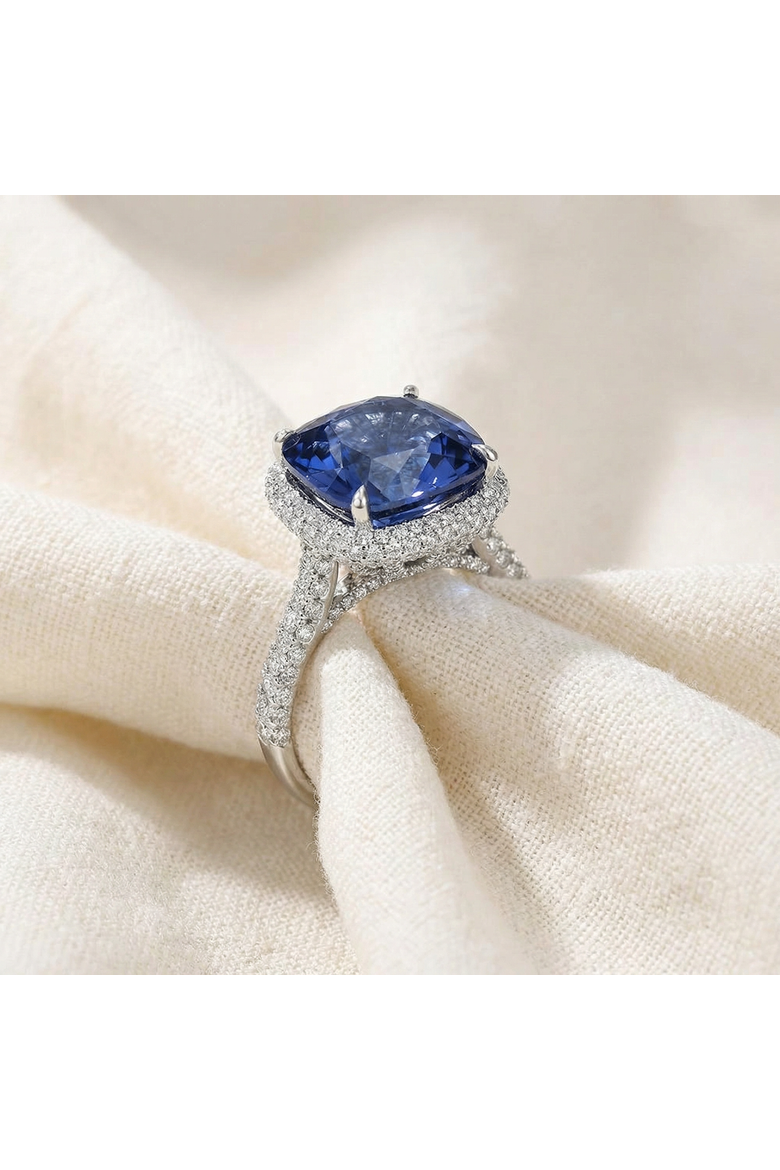 8.50Ct TW Cushion Blue Sapphire & pave Diamond Ring 14k Gold Lab Grown, Alternate, color, 14k White Gold