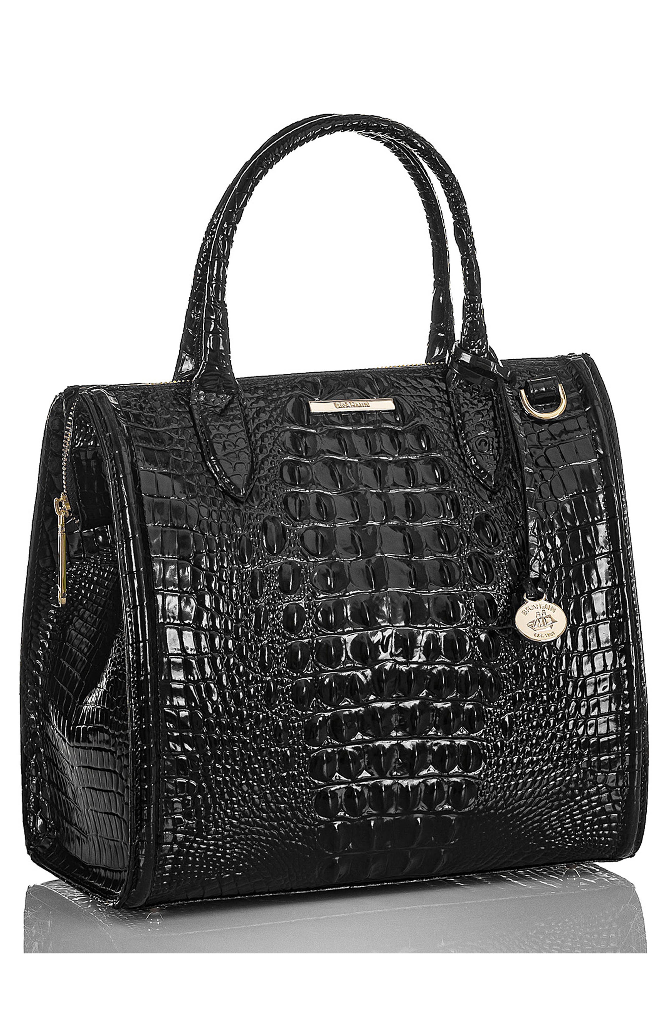 Brahmin Caroline Croc Embossed Leather Satchel, Alternate, color, Black
