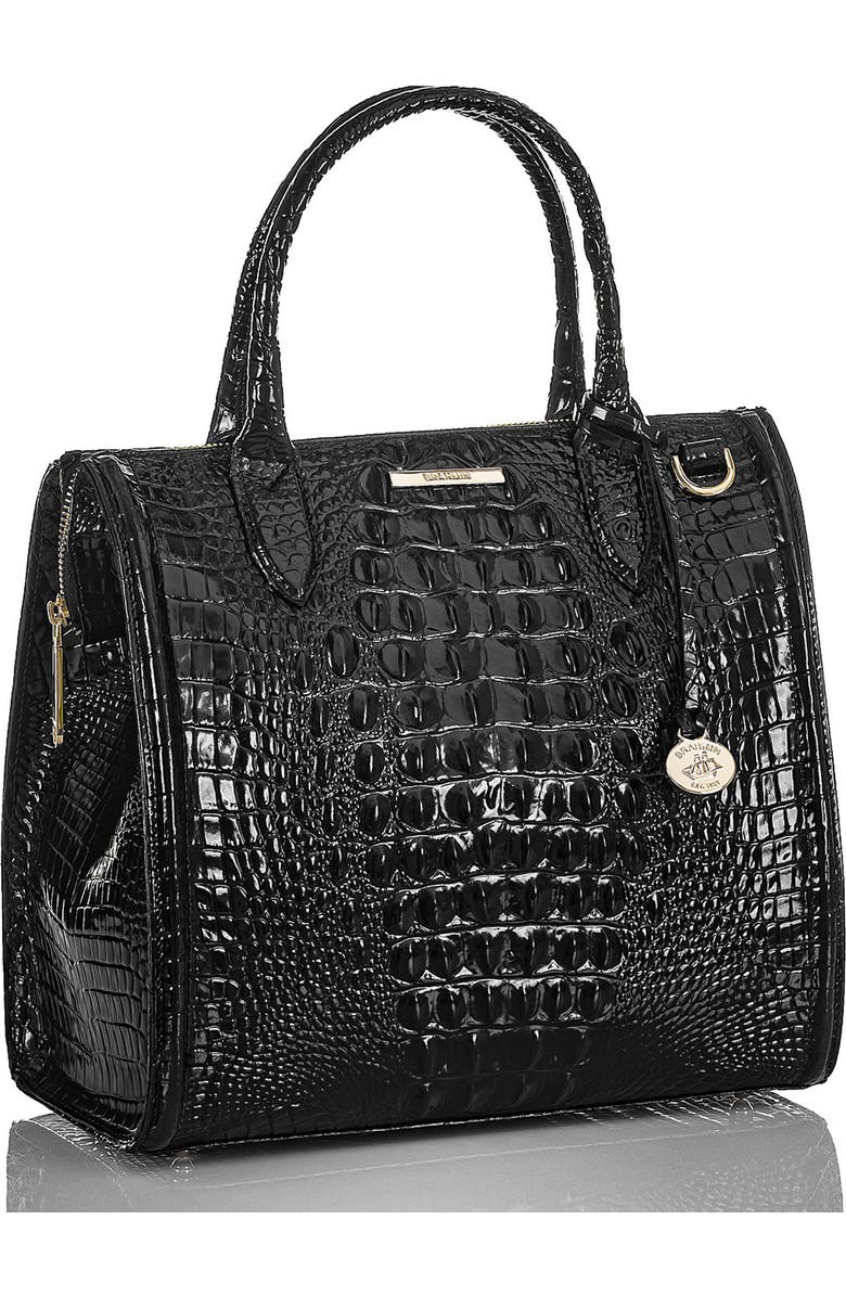 Brahmin Caroline Croc Embossed Leather Satchel, Alternate, color, Black