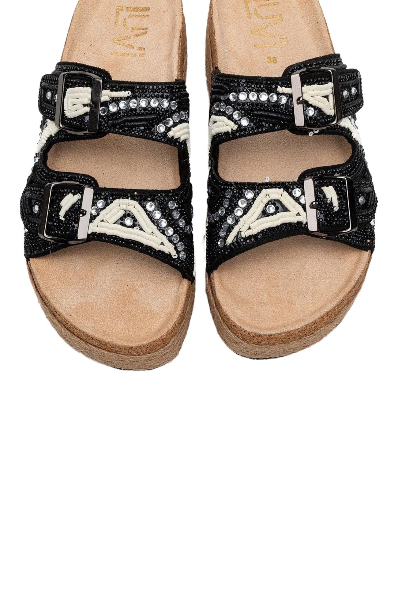 Prologue Shoes Bobby Beaded Straw Platform Slide Sandal, Alternate, color, Black Faux Leather