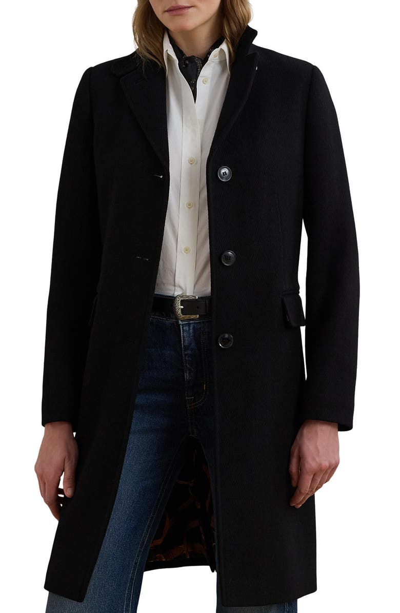 Lauren Ralph Lauren Longline Wool Blend Twill Coat, Main, color, Black
