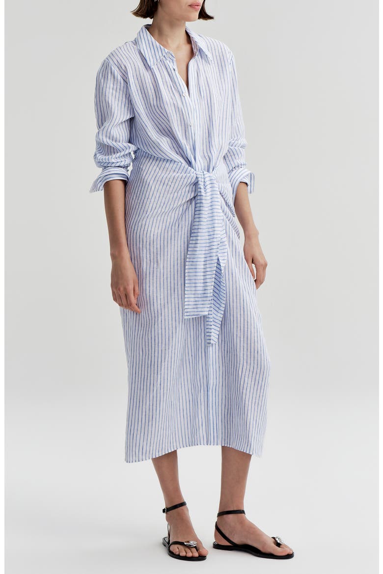 Mila Striped Linen Midi Shirtdress, Alternate, color, WHITE/ CLASSIC BLUE