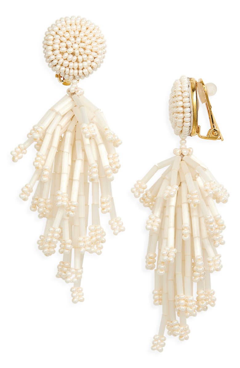 Oscar de la Renta Fringe Tassel Clip-On Drop Earrings, Main, color, Ivory