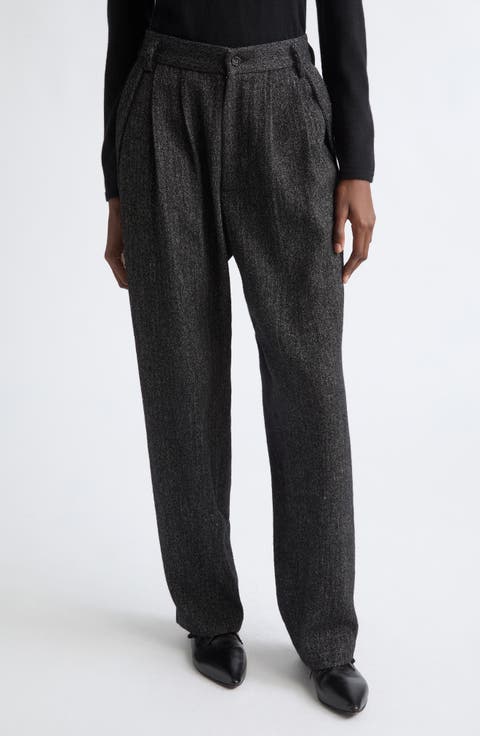 Linen & Wool Blend Herringbone Pleated Trousers