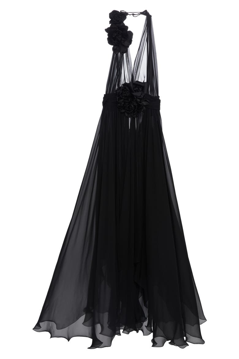 Rosette Detail Halter Neck Silk Chiffon Gown, Alternate, color, BLACK