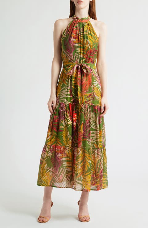Patio Leaf Print Halter Neck Tiered Midi Dress