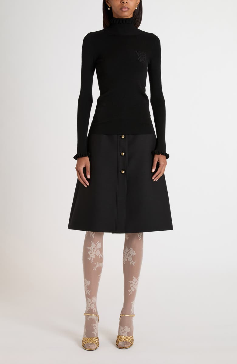 Valentino Garavani Ruffle Trim Rib Virgin Wool Sweater, Alternate, color, Black