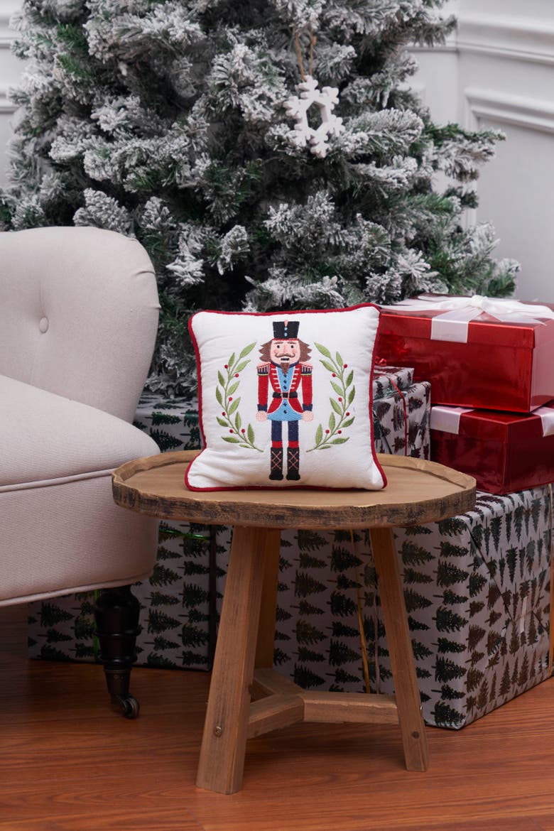 Nutcracker Wreath 100% Cotton Embroidered Accent Pillow 10" x 10", Alternate, color, White
