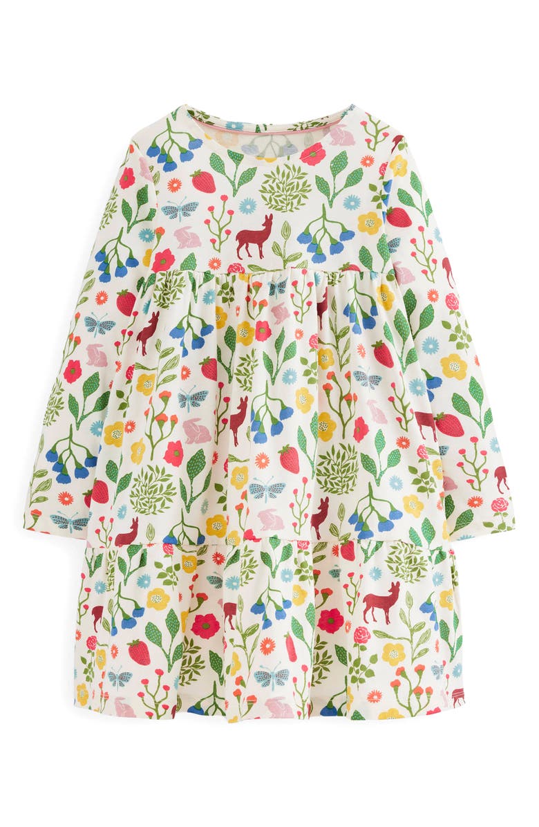 Mini Boden Kids' Woodland Print Long Sleeve Cotton Jersey Dress, Main, color, Soft Ivory Woodland Walk