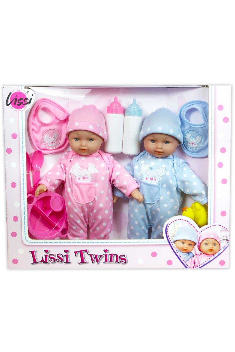 11 Inch Twin Baby Dolls, Pink & Blue Polka Dot Mouse Matching Outfits, Alternate, color, Multicolored