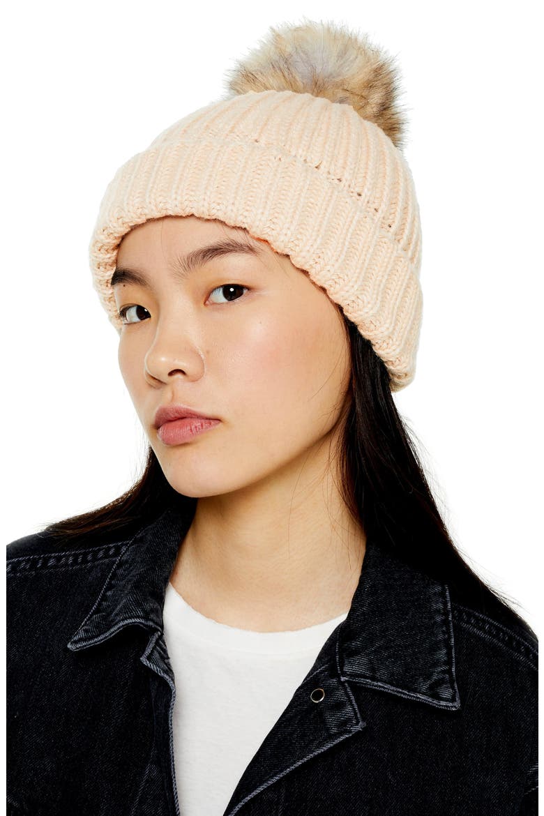Faux Fur Pom Beanie, Alternate, color, CAMEL