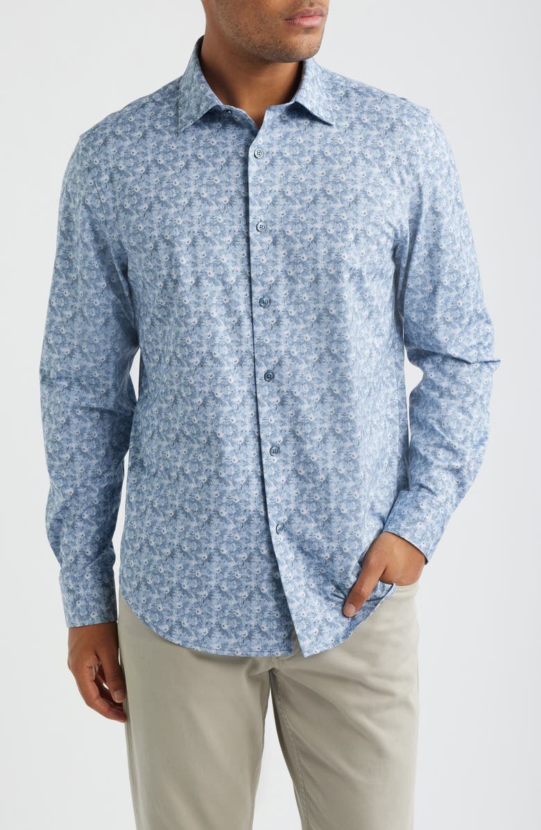 Bugatchi Jimmy OoohCotton<sup>®</sup> Floral Button-Up Shirt, Main, color, Steel