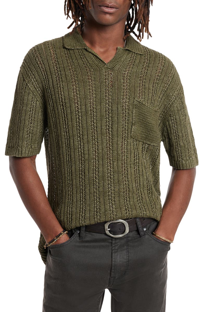 John Varvatos Odin Short Sleeve Textured Linen Sweater, Main, color, Dark Moss