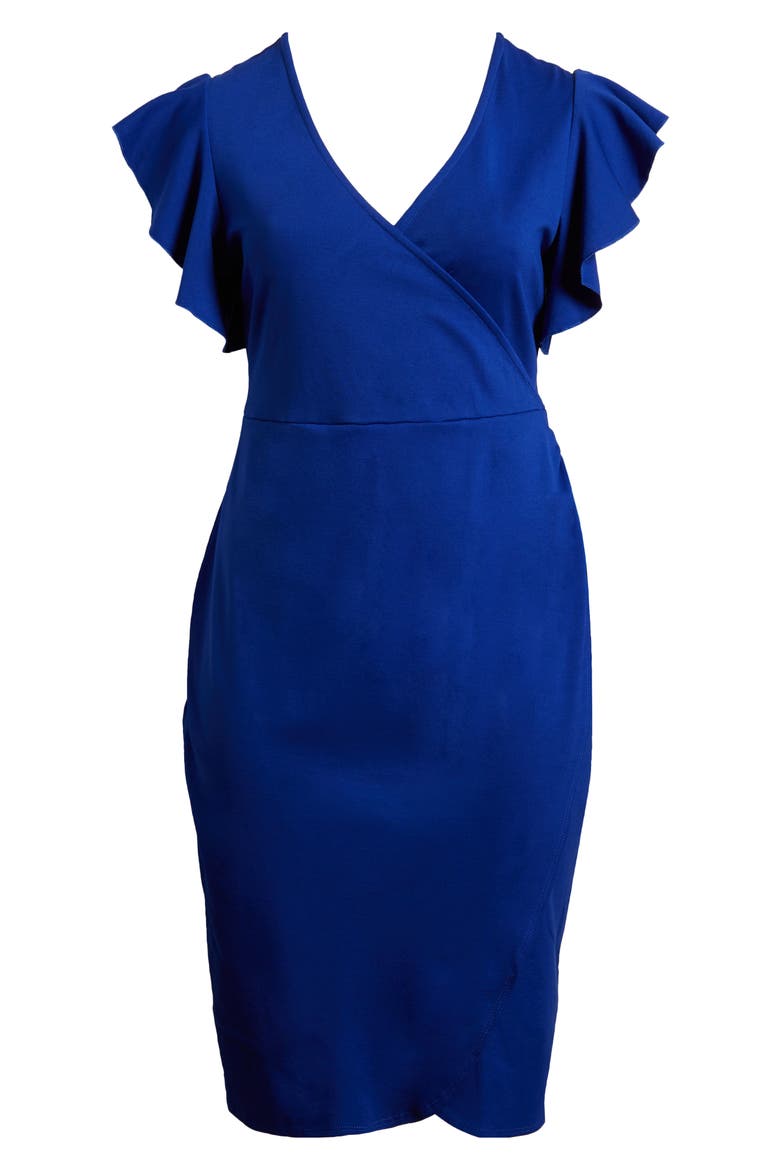 Ruffle Sleeve Stretch Faux Wrap Dress, Alternate, color, ROYAL