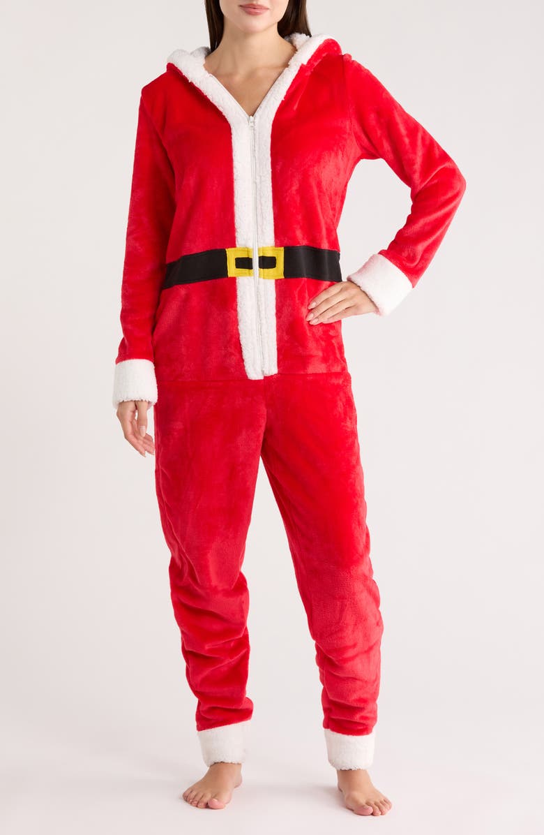 JACLYN Santa Hooded One-Piece Pajamas, Main, color, Solid Lollipop