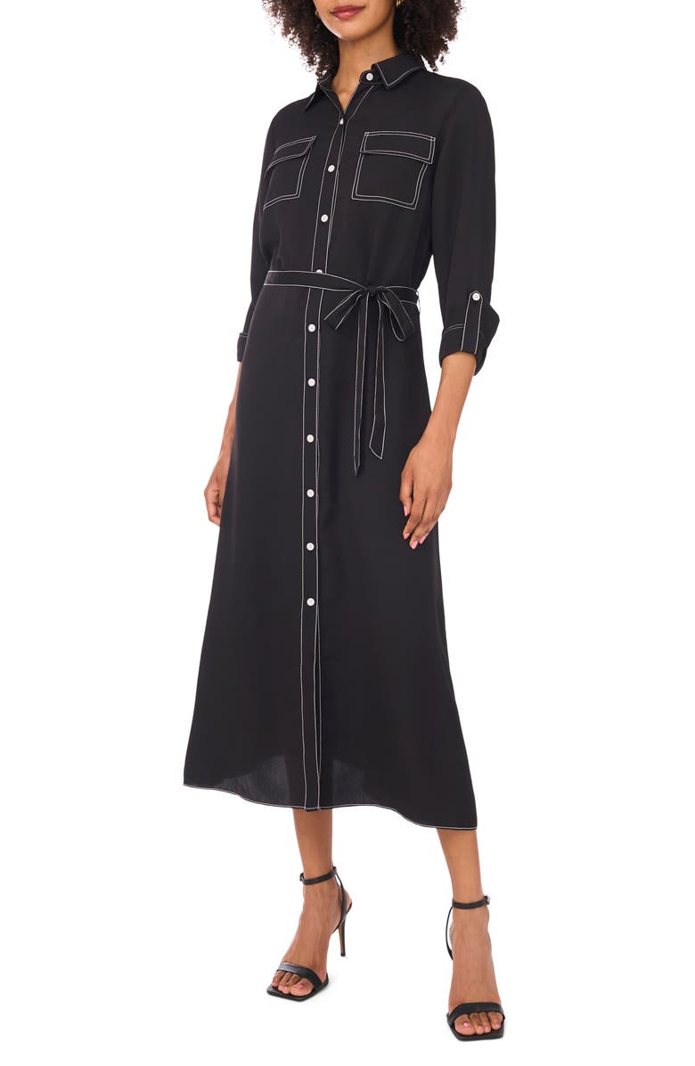 Vince Camuto Long Sleeve Contrast Stitch Shirtdress, Alternate, color, Rich Black