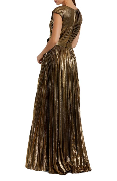 Mac Duggal Pleated Metallic Jersey Gown With Belt In Bronze