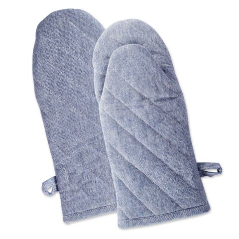 Blue Solid Chambray Oven Mitt Set/2