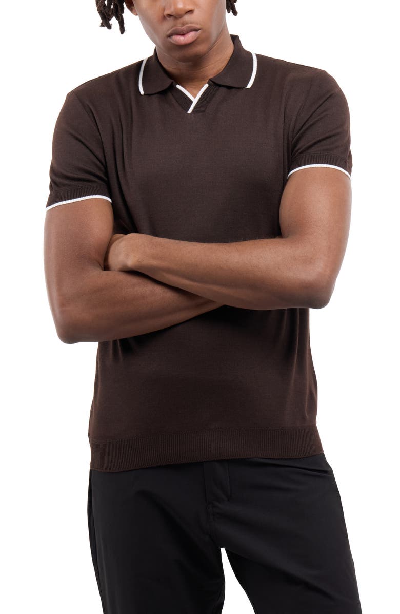 Spring + Mercer Short Sleeve Johnny Collar Polo Sweater, Alternate, color, Brown/ White