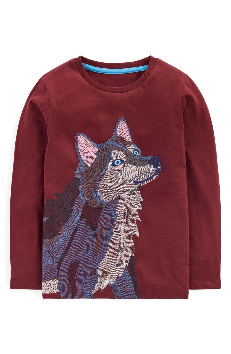 Boden Kids' Superstitch Long Sleeve Cotton T-Shirt, Main, color, Chestnut Wolf