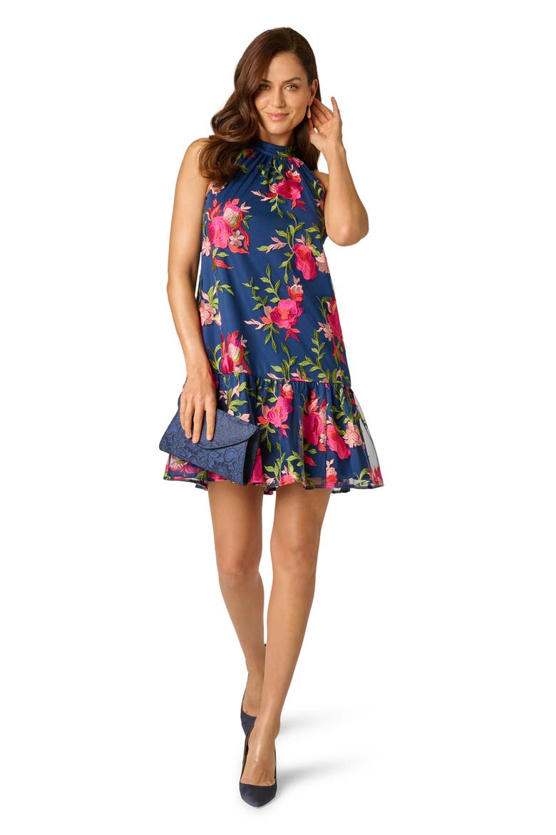 Embroidered Floral Mock Neck Minidress, Alternate, color, NAVY/ PINK MULTI