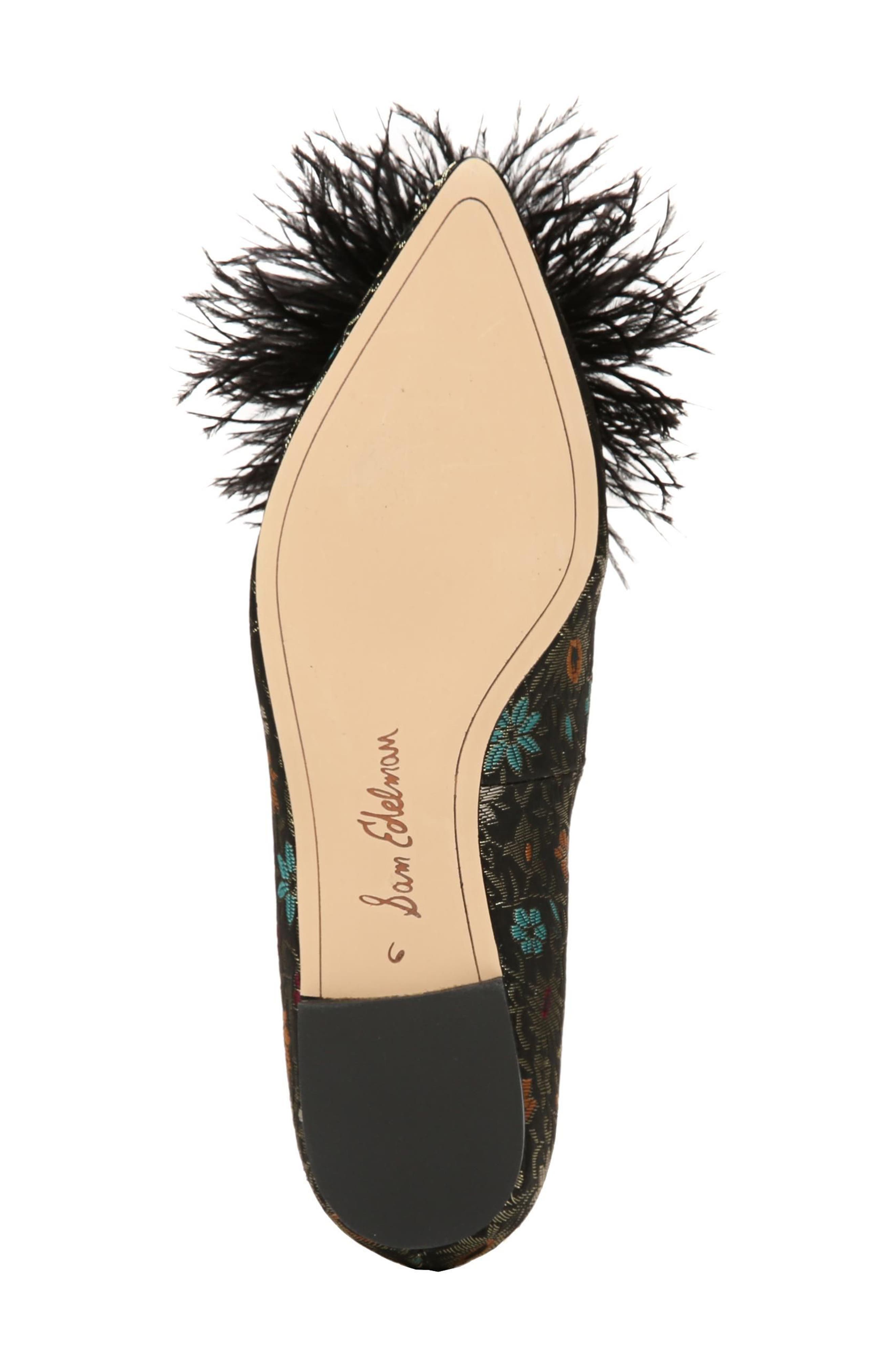 Reina Feather Pompom Flat, Alternate, color, BLACK FLORAL BROCADE