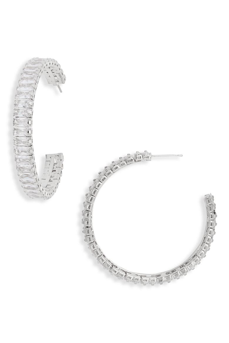 Baguette Stone C Hoop Earrings, Main, color, SILVER