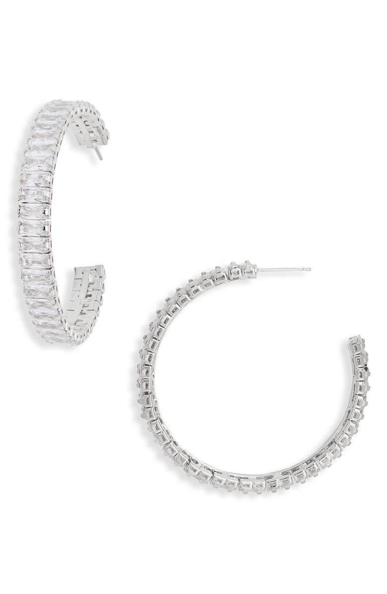 Tasha Baguette Stone C Hoop Earrings, Main, color, Silver