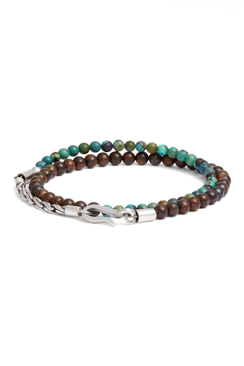 Men's Artisan Sterling Silver & Bead Double Wrap Bracelet, Main, color, TURQUOISE