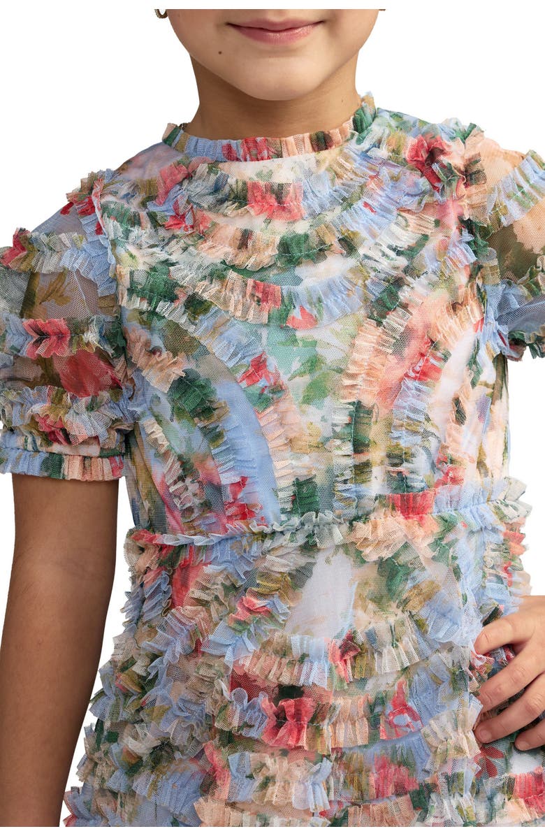 Mac Duggal Floral Mesh Ruffle Puff Sleeve Kids Dress, Alternate, color, Blue Multi