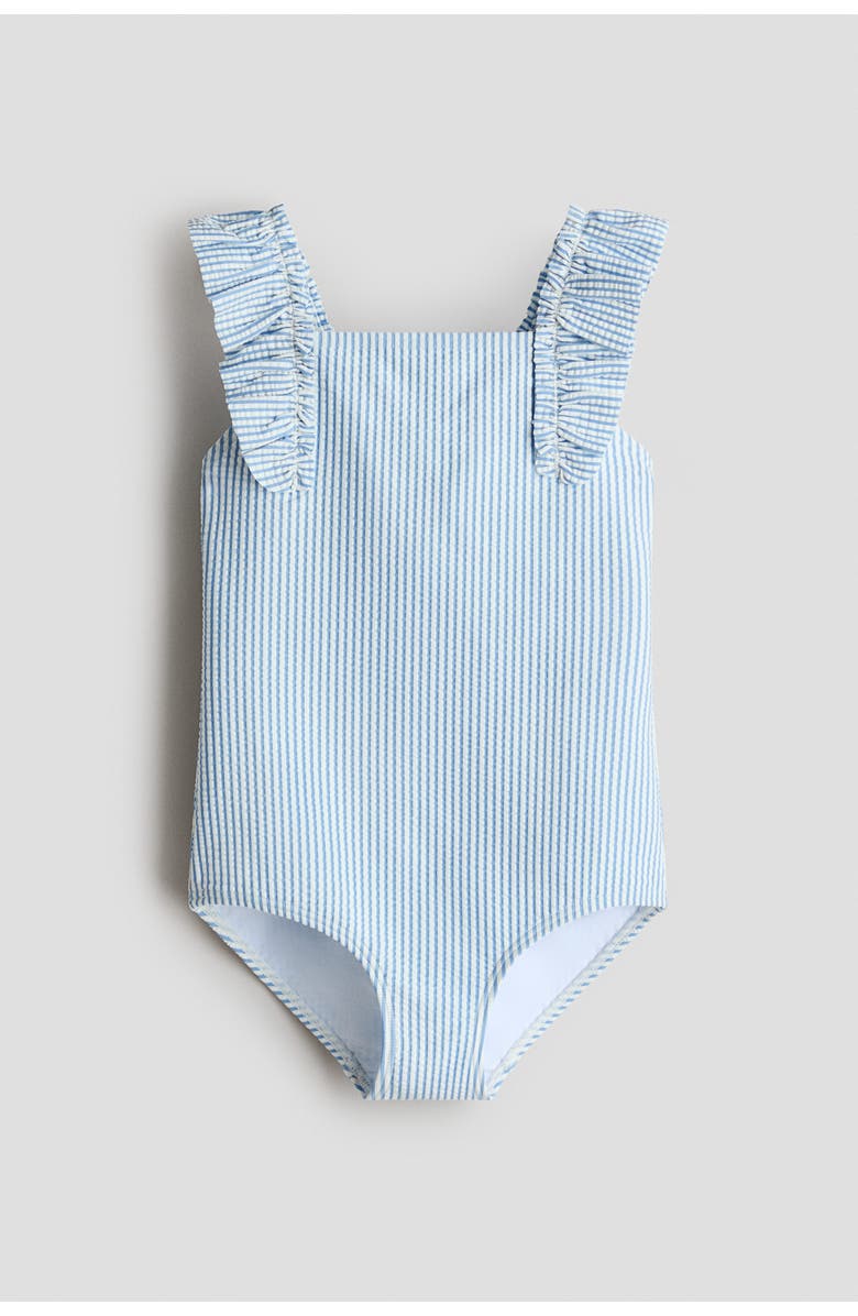 H&M Frill-trimmed Swimsuit, Main, color, Light Blue/Striped